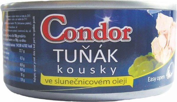Condor Tuniak kúsky v slnečnicovom oleji (plechovka) 170 g - rybacia pomazanka - tuniaková pomazánka - tuniakova pomazanka -  tuniak v konzerve - tuniak v oleji - tuniak v olivovom oleji - franz josef tuniak - calvo tuniak - rio mare tuniak v olivovom oleji - tuniak vo vlastnej stave - calvo tuniak vo vlastnej stave